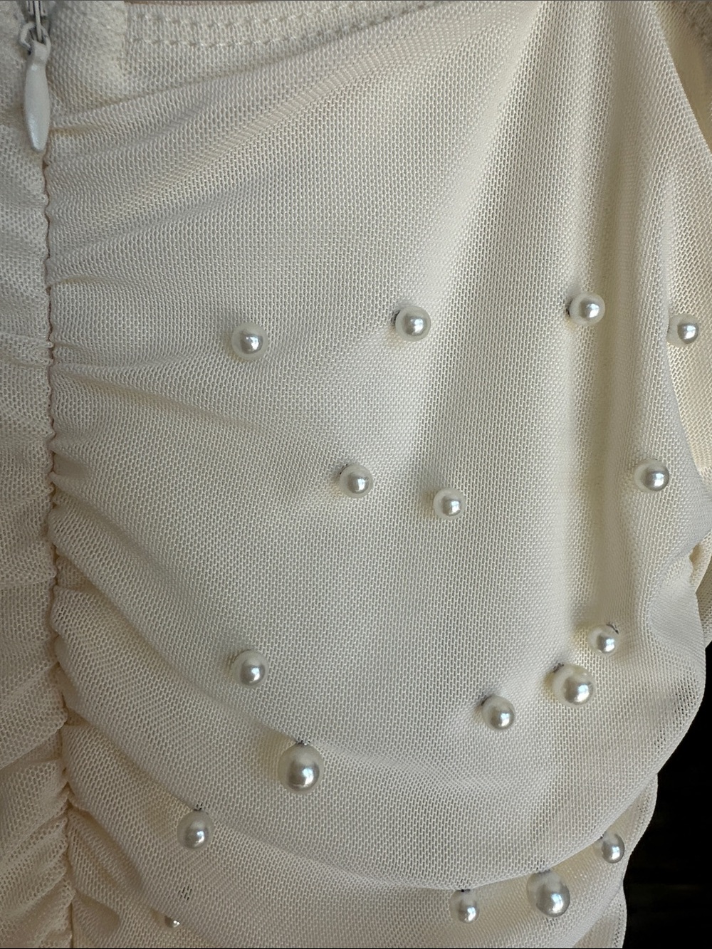 Iris Cream Pearl Ruched Mesh Mini Dress - Size Small - Picture 5 of 6